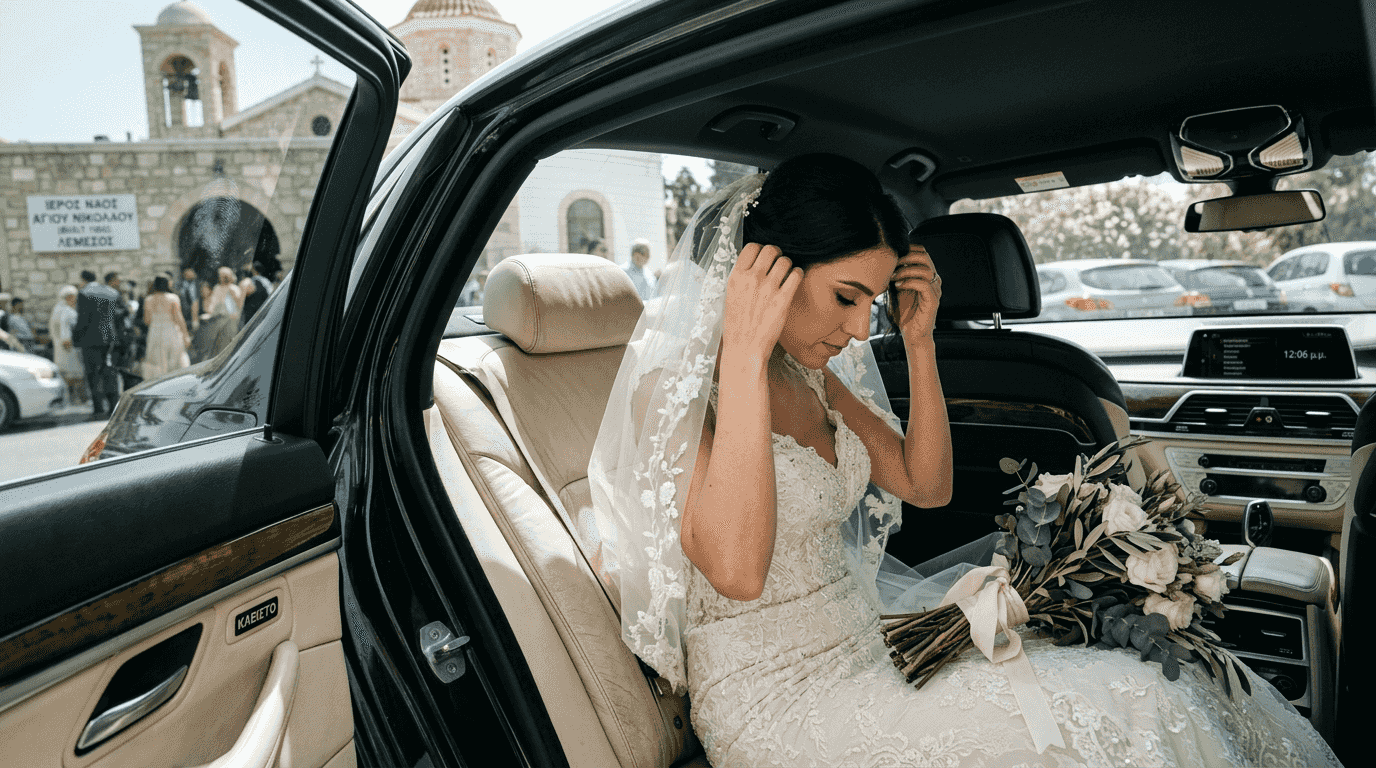 Η νύφη περιμένει μέσα σε μια πολυτελή λιμουζίνα, λίγο πριν φτάσει στην εκκλησία για τον γάμο της.