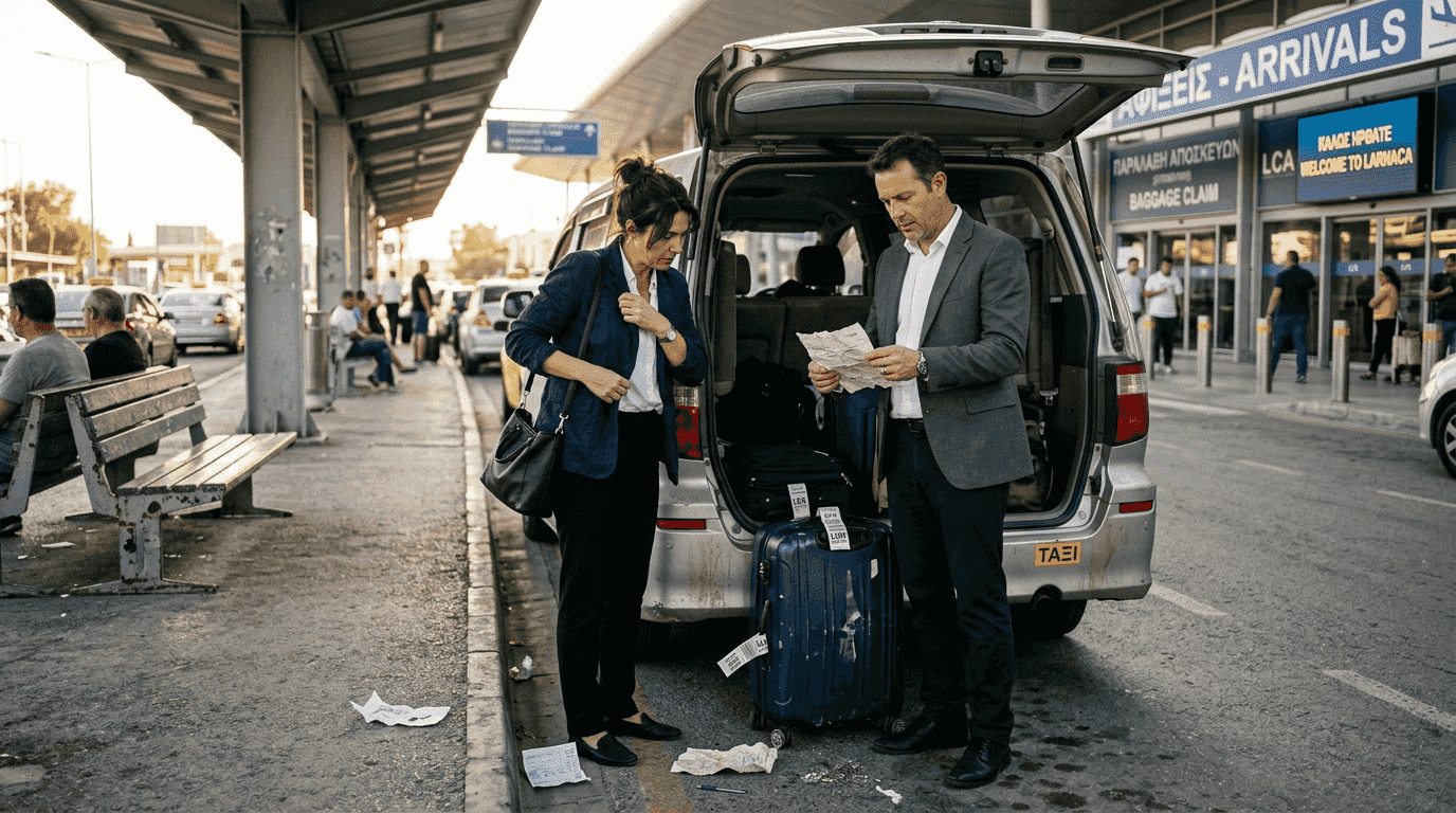 Υπάλληλοι στο αεροδρόμιο της Λάρνακας ξεφορτώνουν αποσκευές από το αεροπλάνο.