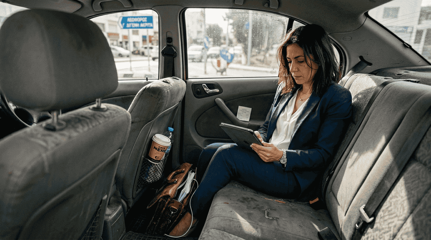 Επιχειρηματίας που εργάζεται εν κινήσει μέσα σε ταξί στην Κύπρο