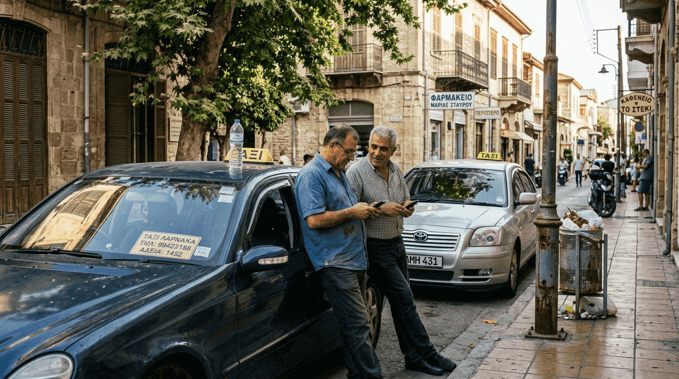 Δύο ταξιτζήδες περιμένουν σε ένα παλιό δρομάκι της Λάρνακας.