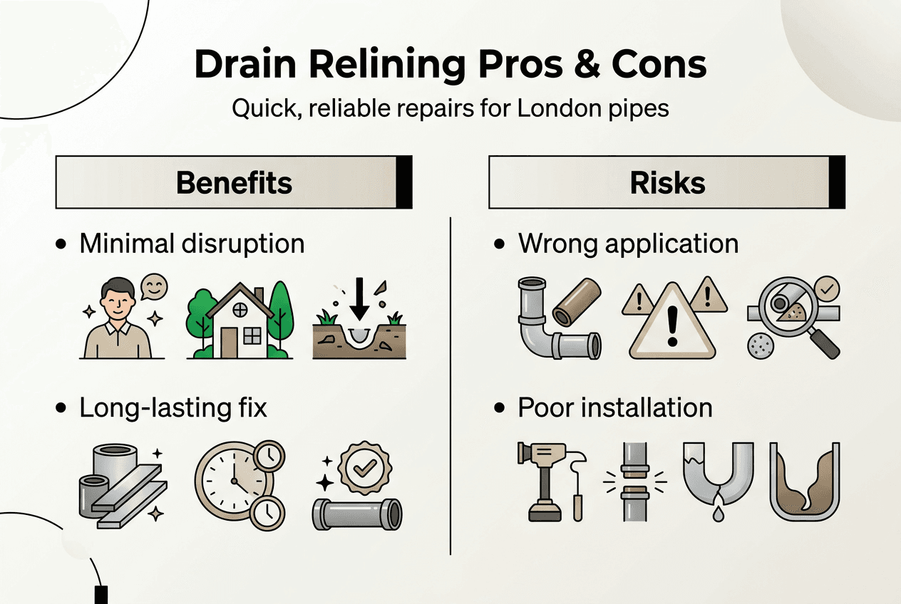 Infographic comparing drain relining pros and cons