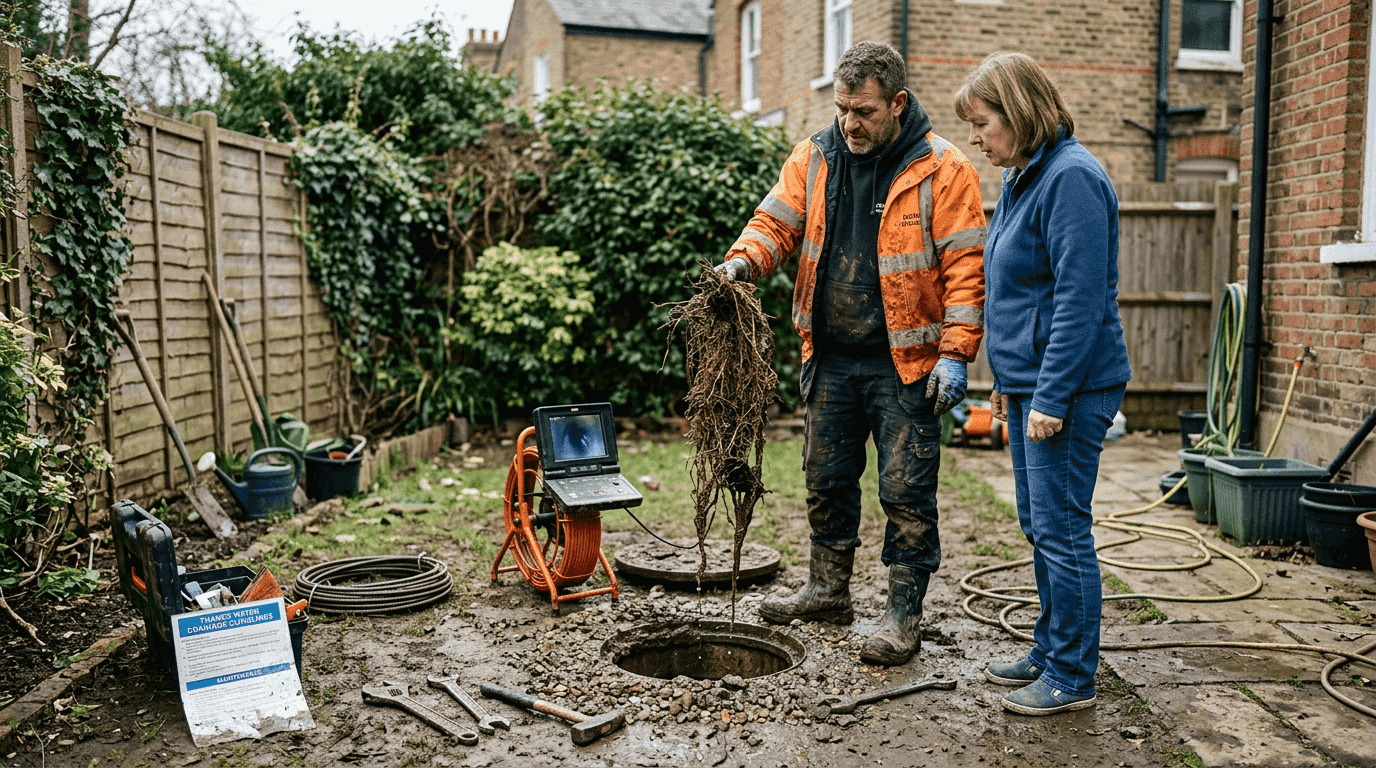 Plumber displays roots removed from drain