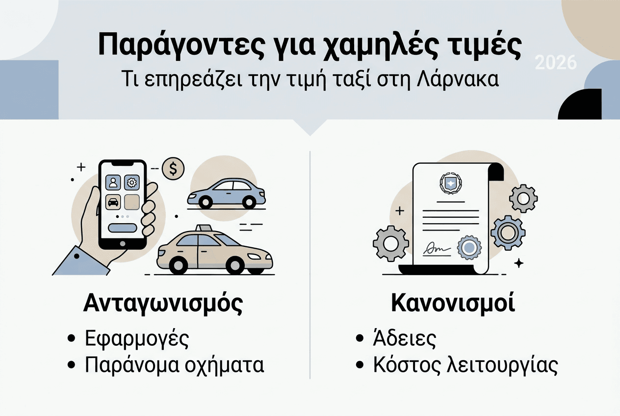 Γραφικό με τους βασικούς λόγους που οι τιμές των ταξί στη Λάρνακα παραμένουν χαμηλές