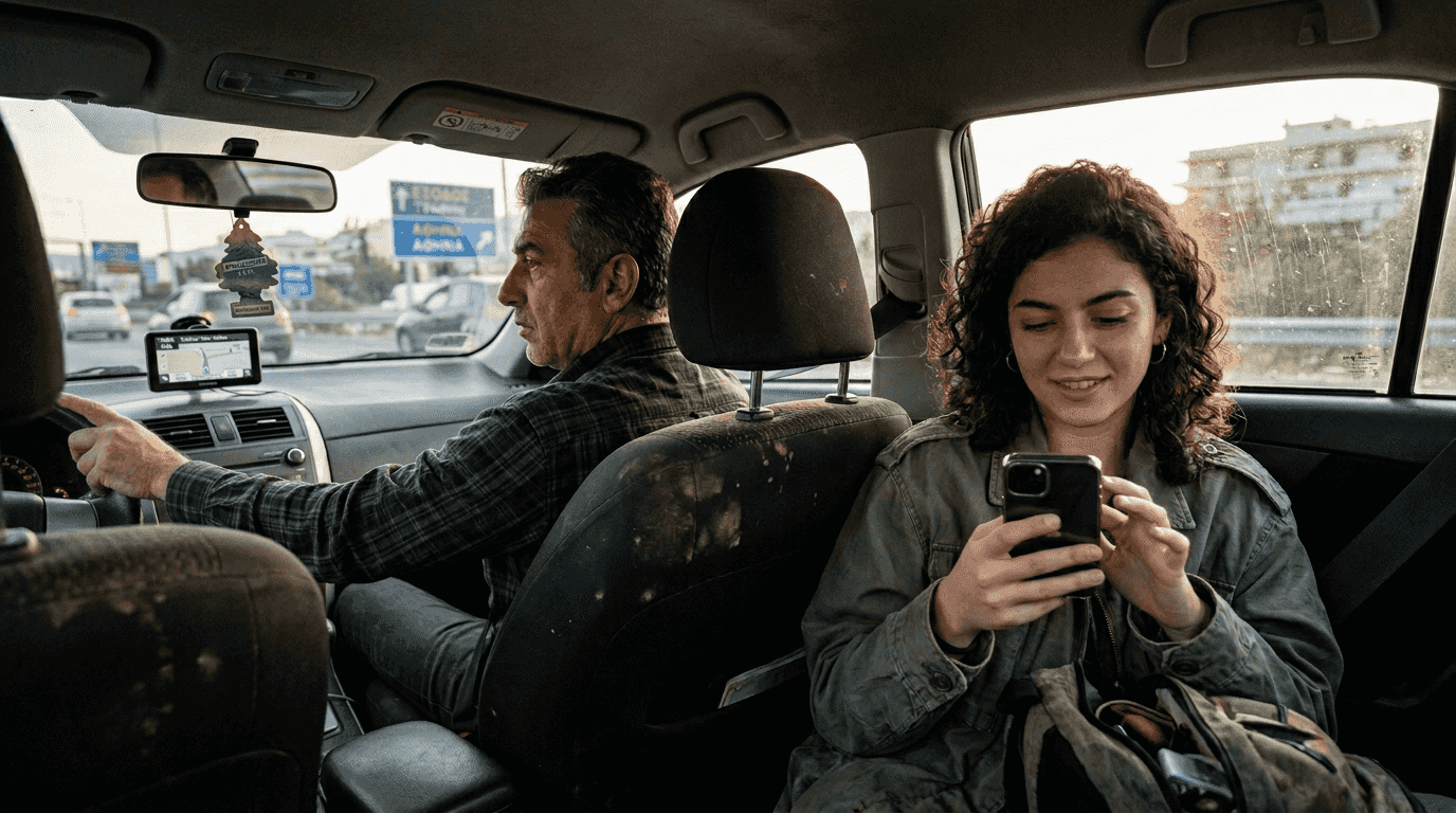 Νεαρός επιβάτης κάνει χρήση εφαρμογής μετακίνησης μέσα σε ταξί