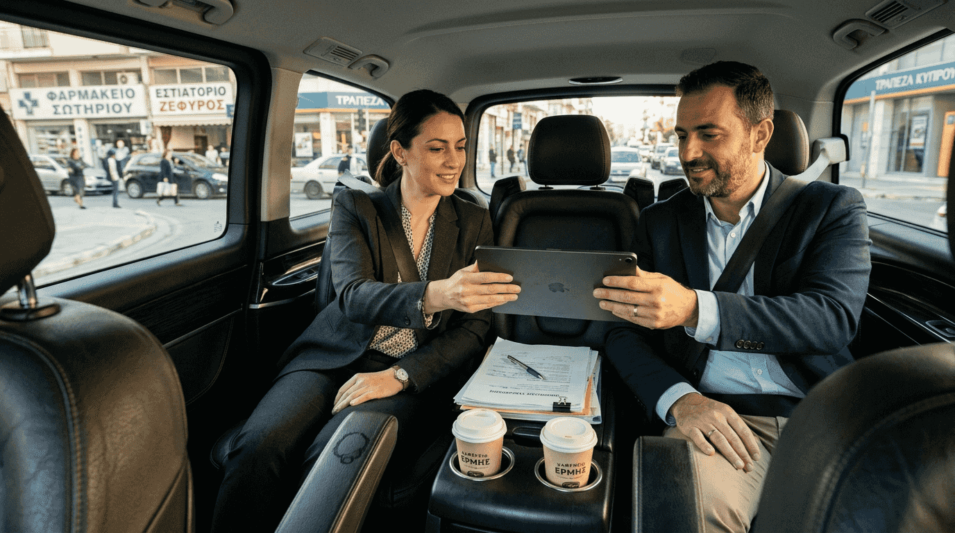 Επιχειρηματίες συζητούν και ανταλλάσσουν ιδέες μέσα σε ταξί στη Λάρνακα, αξιοποιώντας τον χρόνο της μετακίνησης για συνεργασία.