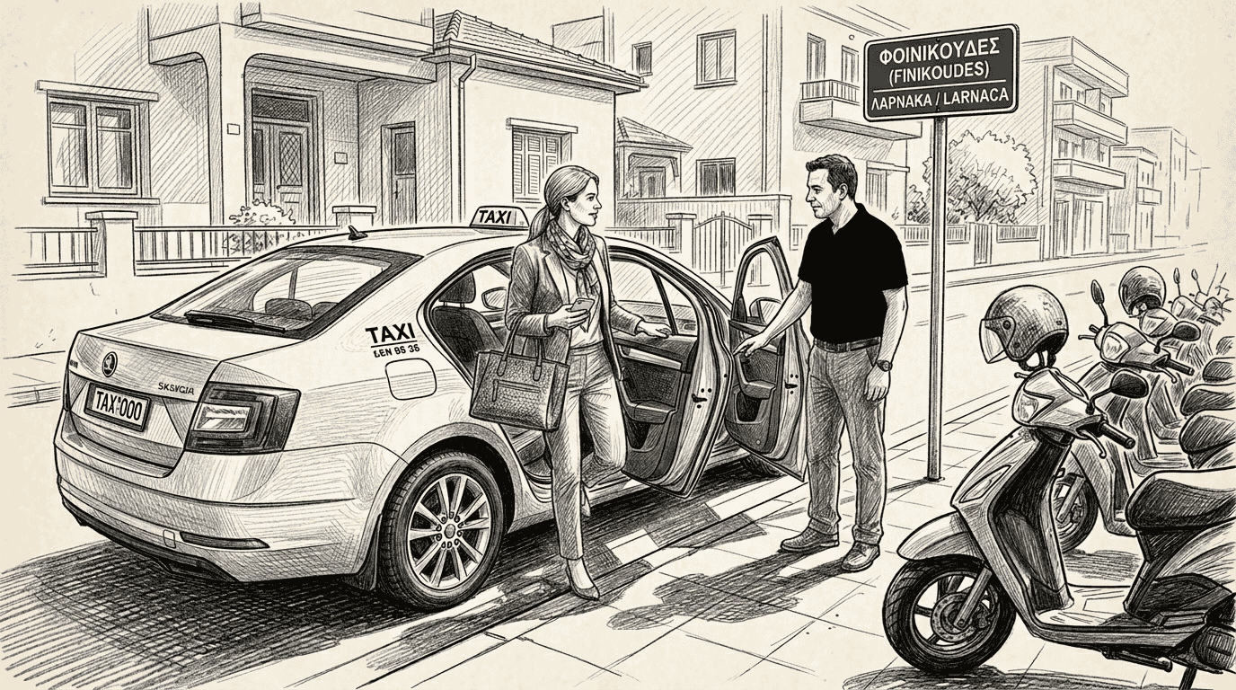 Passenger exits taxi at residential Larnaca stop