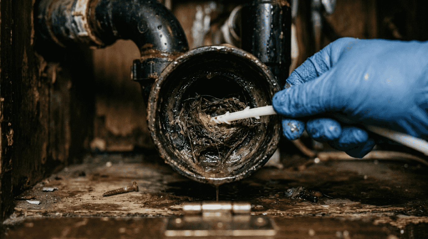 Closeup of blocked bathroom sink pipe