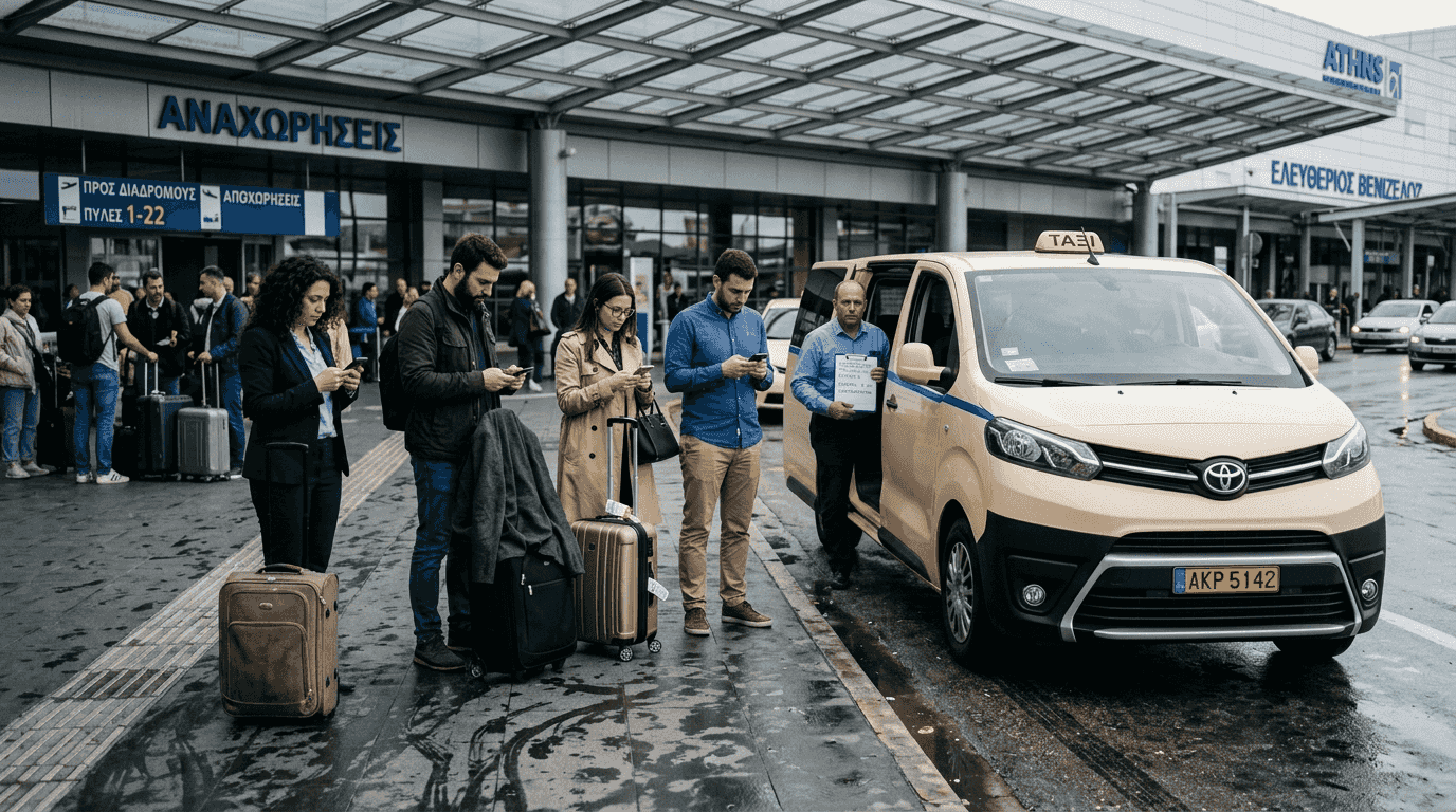 Επαγγελματική ομάδα έτοιμη να επιβιβαστεί σε ταξί έξω από το αεροδρόμιο.