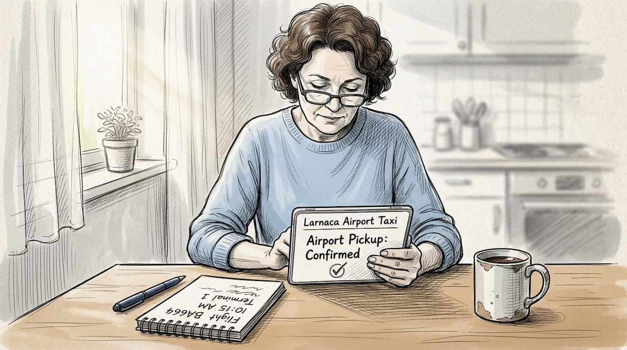 Woman booking Larnaca airport taxi online