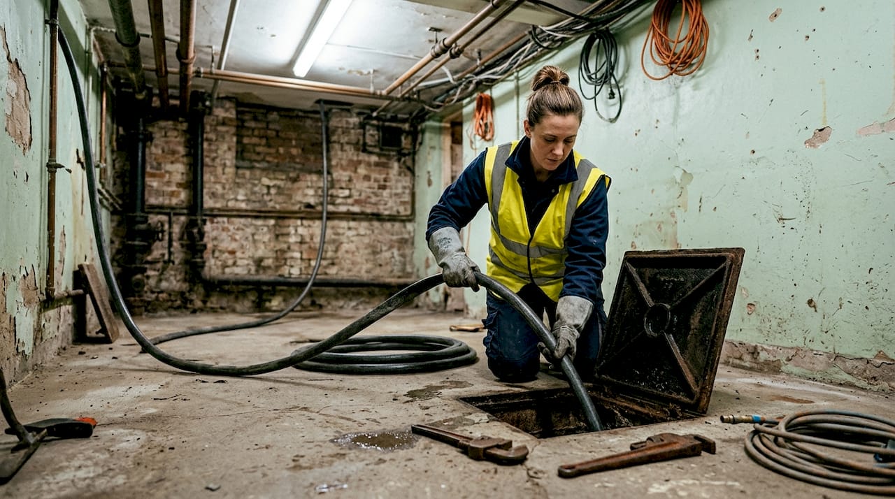 Technician installing liner in basement drain
