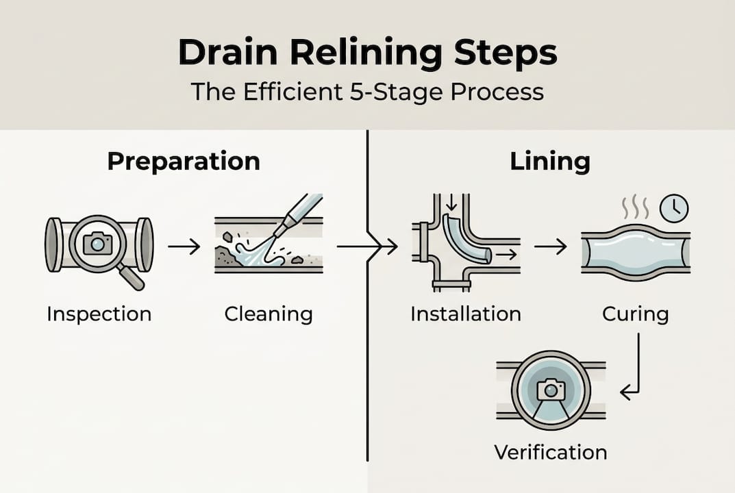 Infographic showing 5 main drain relining steps