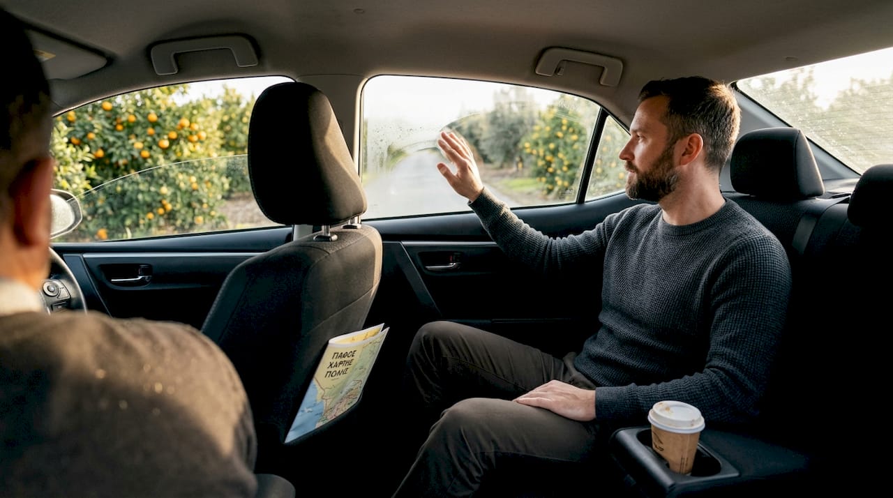 Επιβάτης απολαμβάνει τη διαδρομή μέσα σε ιδιωτικό ταξί στους ήσυχους κυπριακούς επαρχιακούς δρόμους.