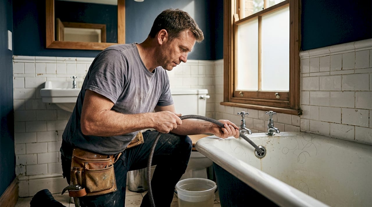 Plumber fixing drainage blockage in bathroom