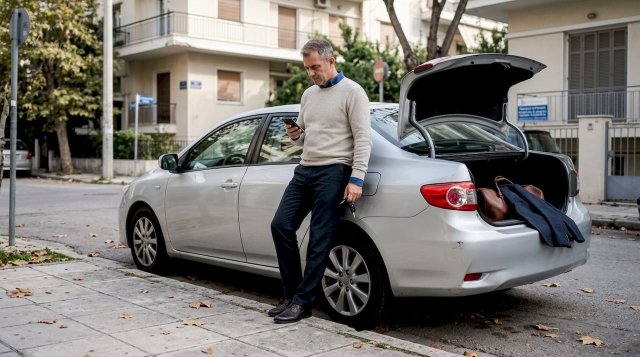 Οδηγός με άνετο σεντάν ετοιμάζεται για μεταφορά προς το αεροδρόμιο