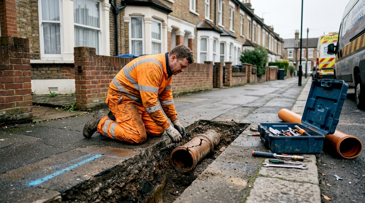 Technician inspects broken outdoor drain pipe