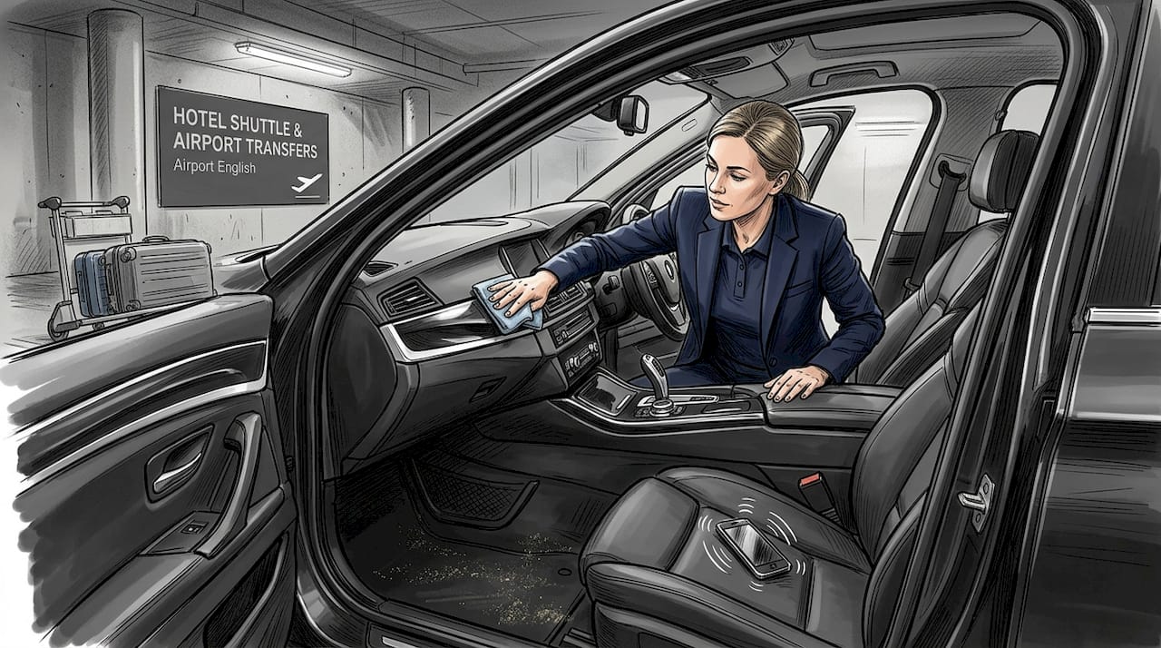 Chauffeur cleaning executive taxi interior in car park