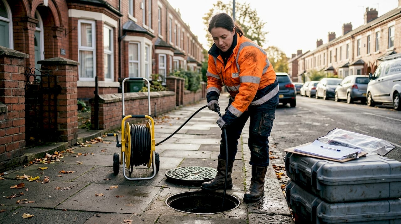 Worker water jetting drain outside home
