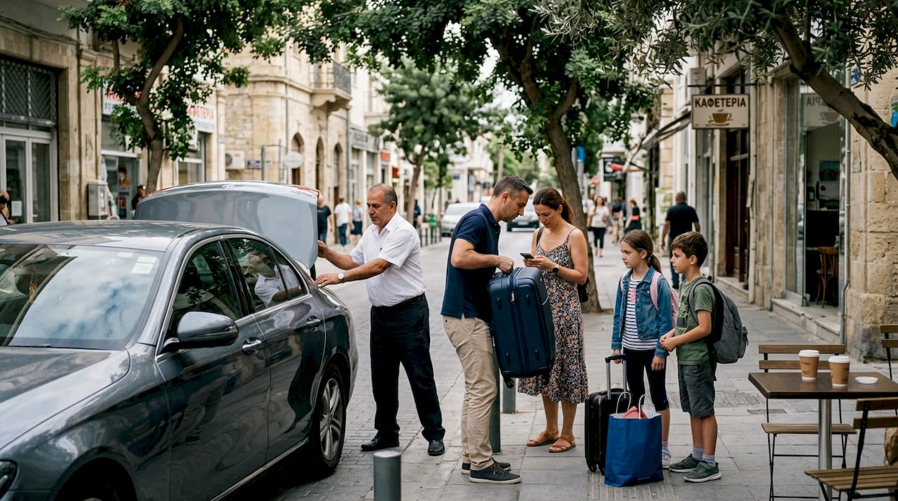 Μια οικογένεια επιβιβάζεται σε ένα άνετο ταξί με τις αποσκευές της.