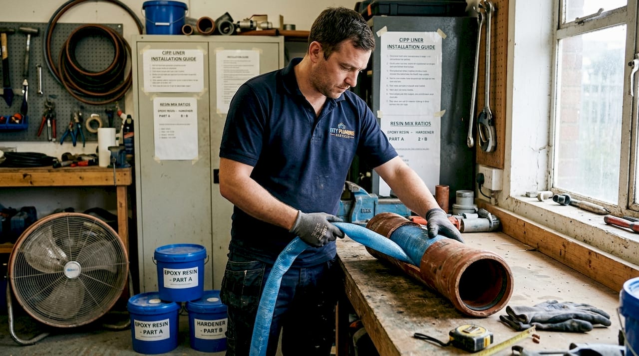 Plumber installing CIPP drain liner workshop