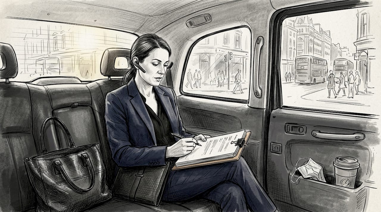 Executive reviews notes in taxi rear seat