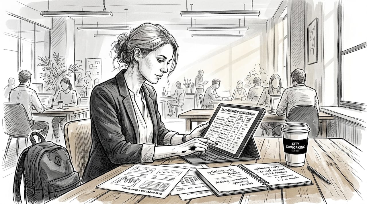 Executive comparing taxi providers with notes and tablet