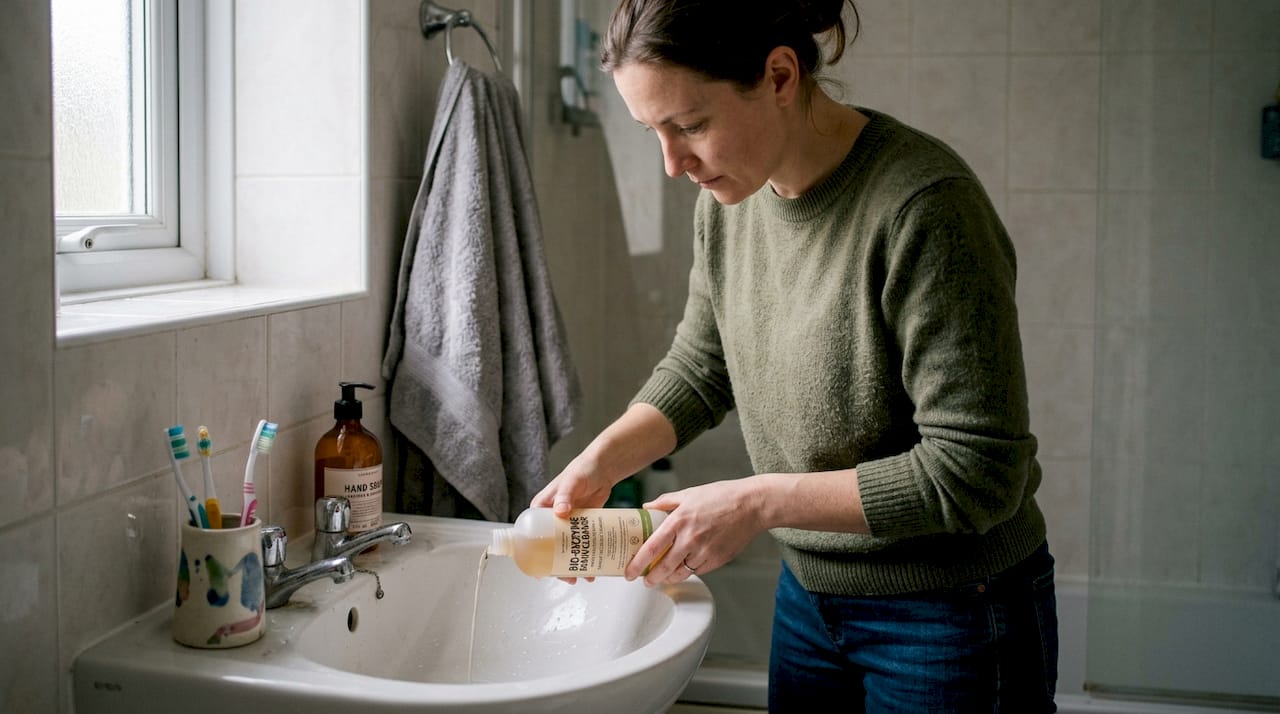 Person applying bio-enzyme to bathroom drain