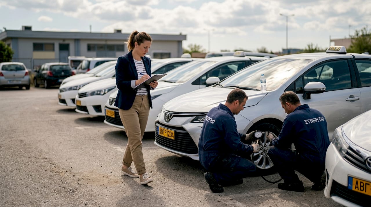 Ο διοργανωτής της εκδήλωσης ελέγχει τα ταξί πριν ξεκινήσει η εκδήλωση, ώστε να σιγουρευτεί ότι όλα είναι έτοιμα για τη μεταφορά των καλεσμένων.