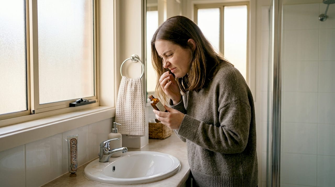Woman reacting to foul bathroom drain smell