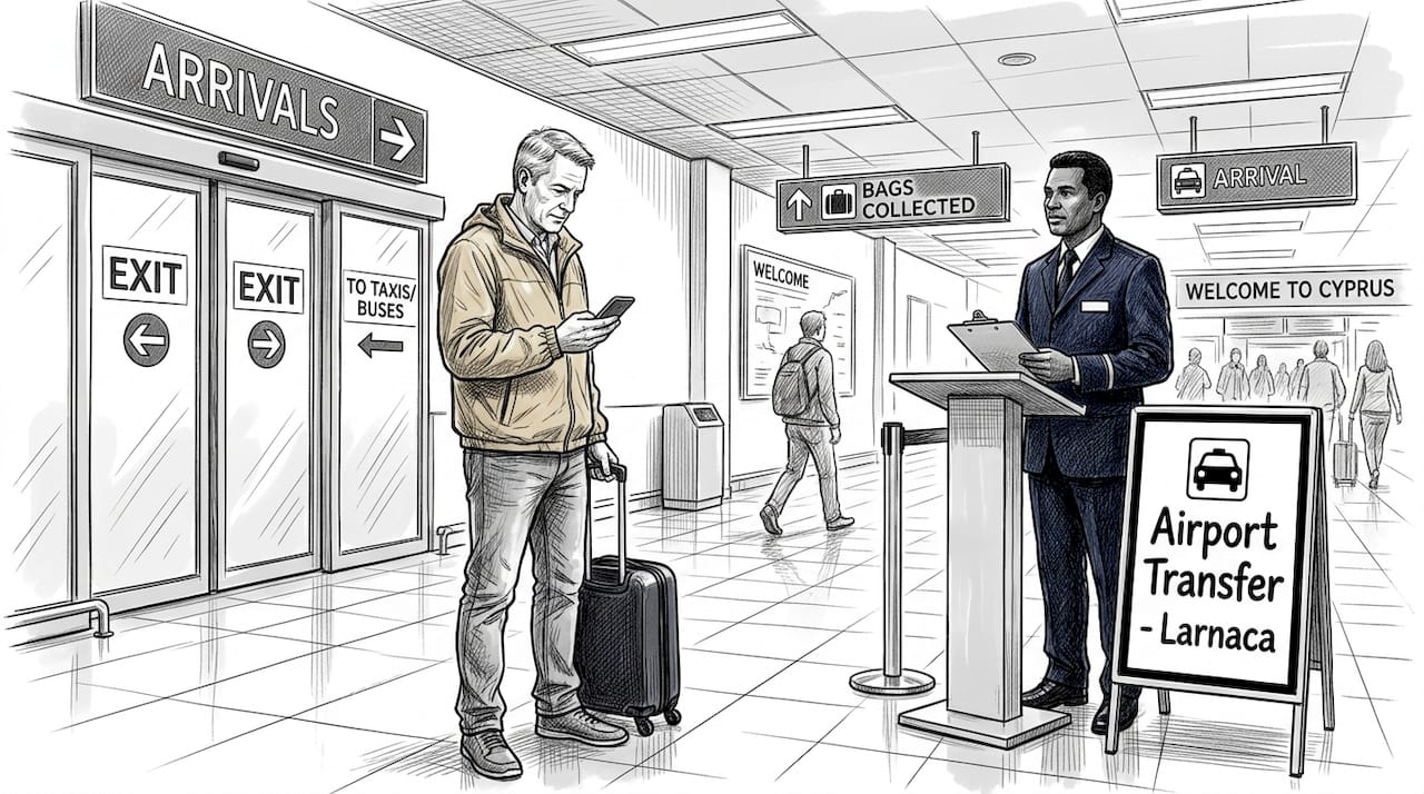 Traveler meets taxi driver at arrivals hall