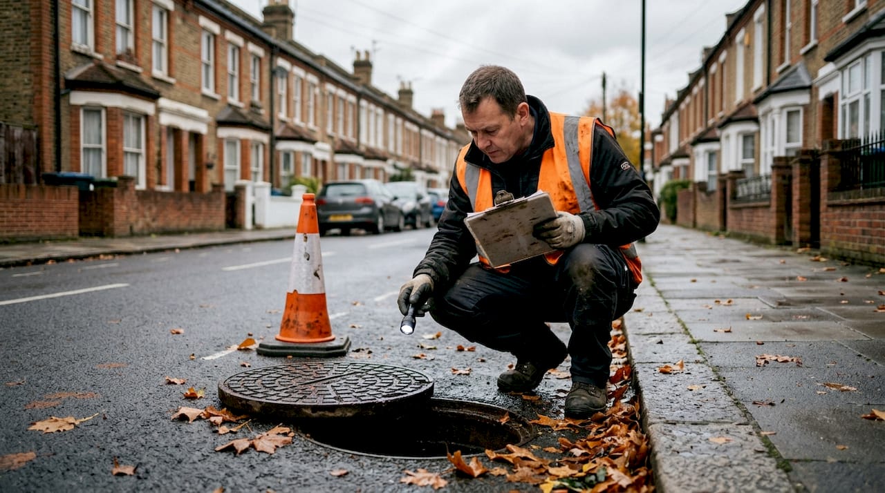 Worker inspecting storm drain on London street