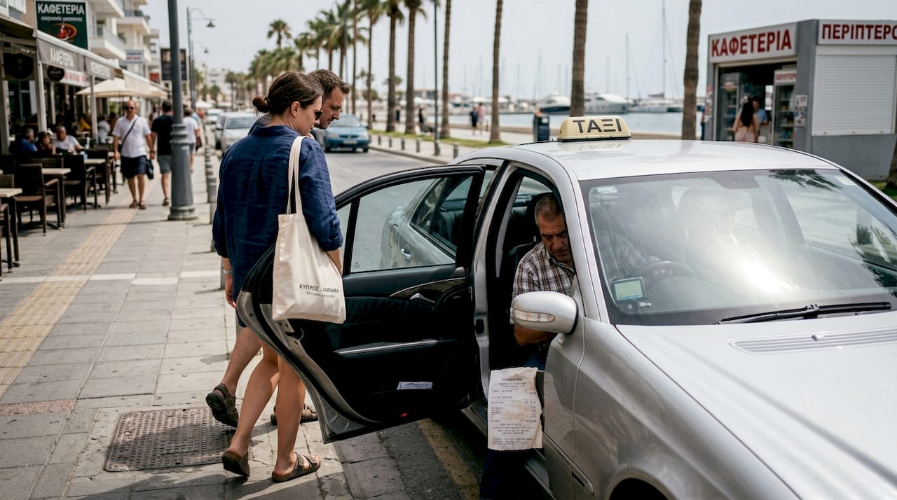 Επιβάτες κατεβαίνουν από ταξί στο πεζοδρόμιο της μαρίνας