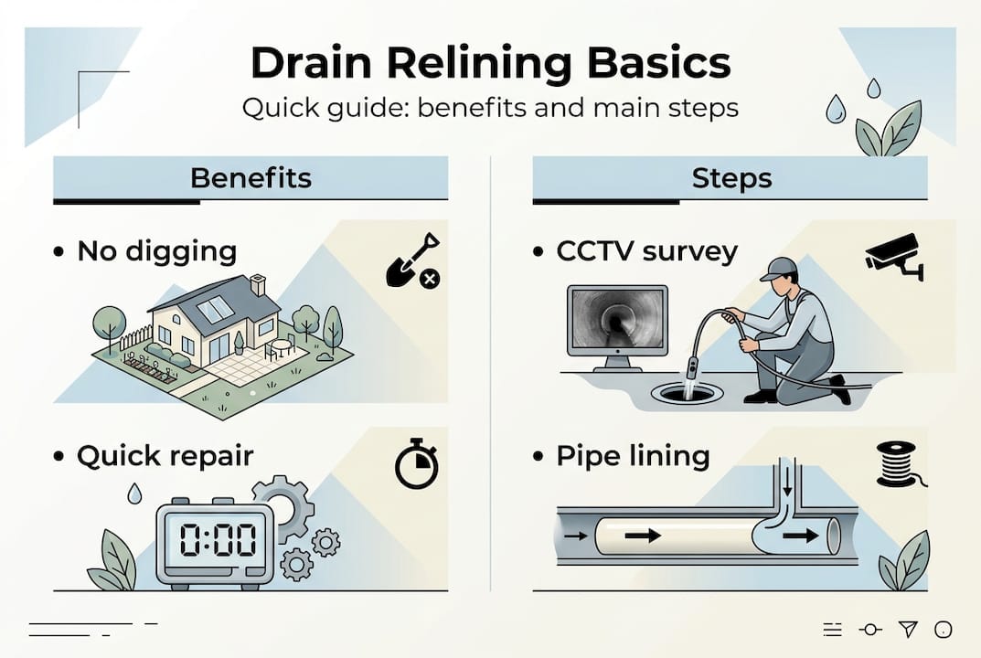 Infographic showing drain relining benefits and steps