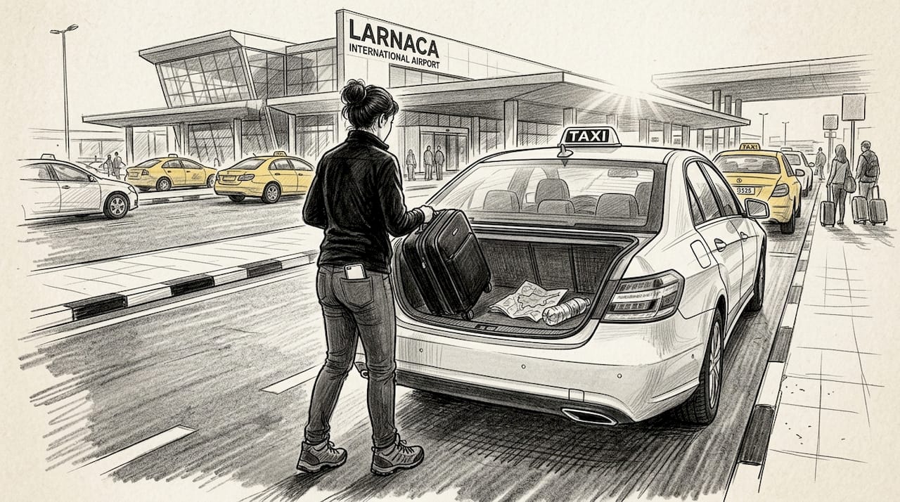 Traveler loading suitcase into airport taxi