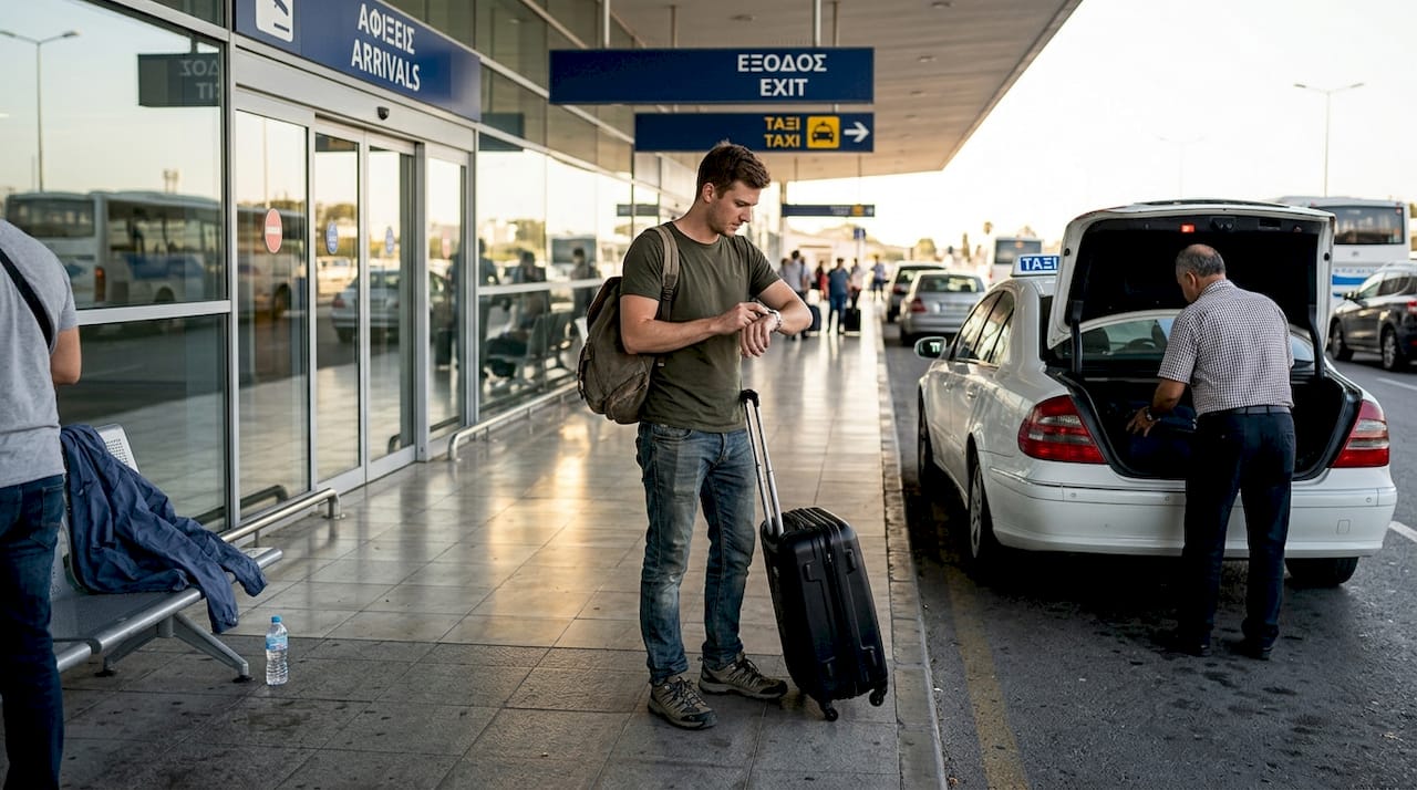 Ένας ταξιδιώτης στέκεται δίπλα στις αποσκευές του, περιμένοντας το ταξί να φτάσει.