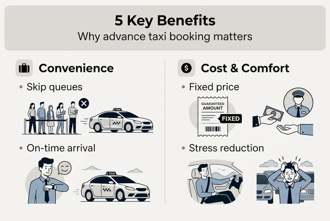 Infographic showing 5 benefits of advance taxi booking