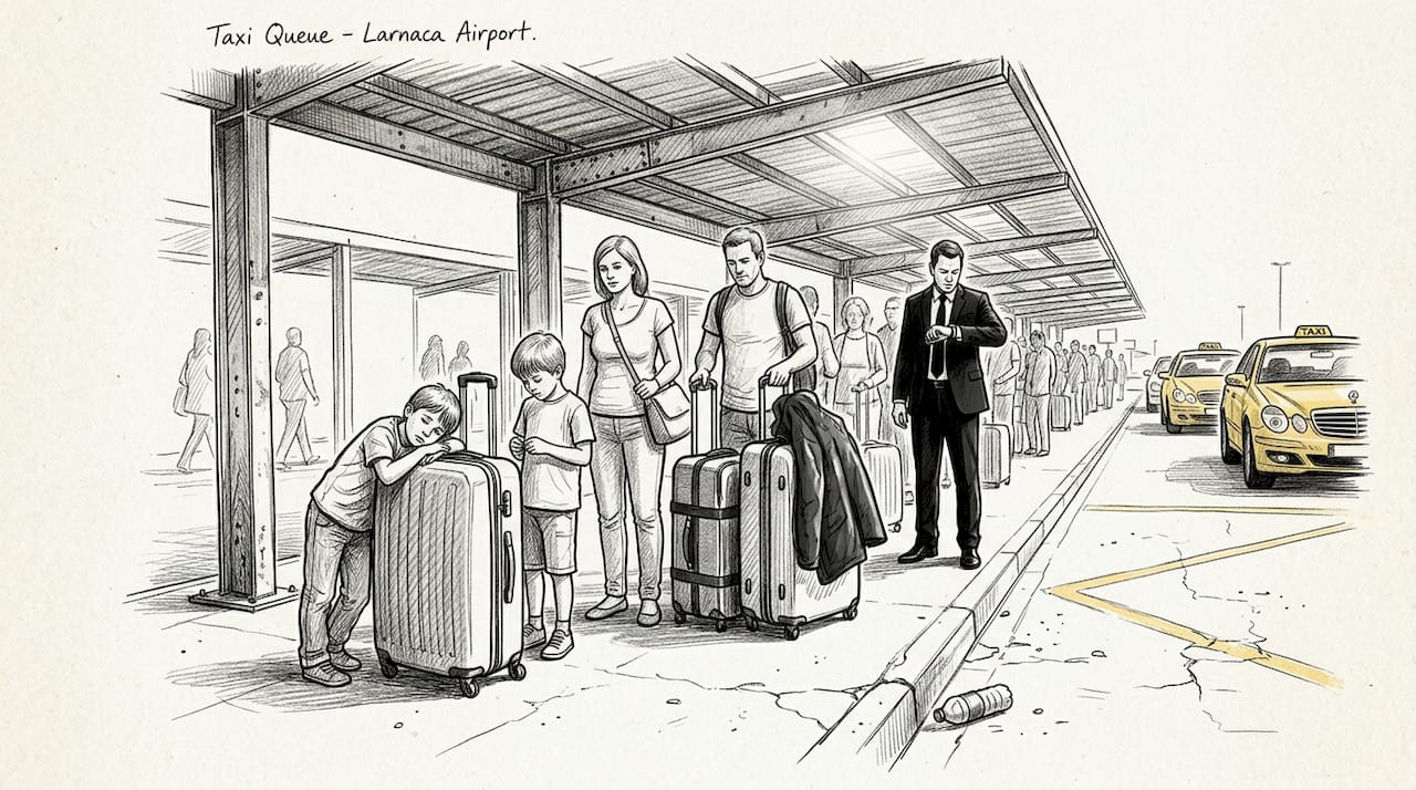 Travelers waiting in long airport taxi queue