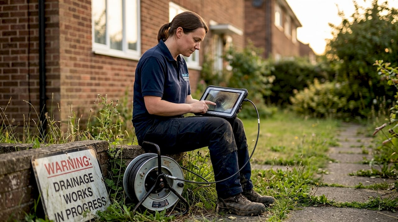 Technician reviewing drain survey footage on tablet