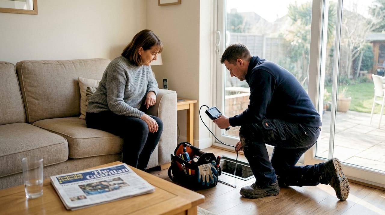 Plumber inspecting home drain in living room
