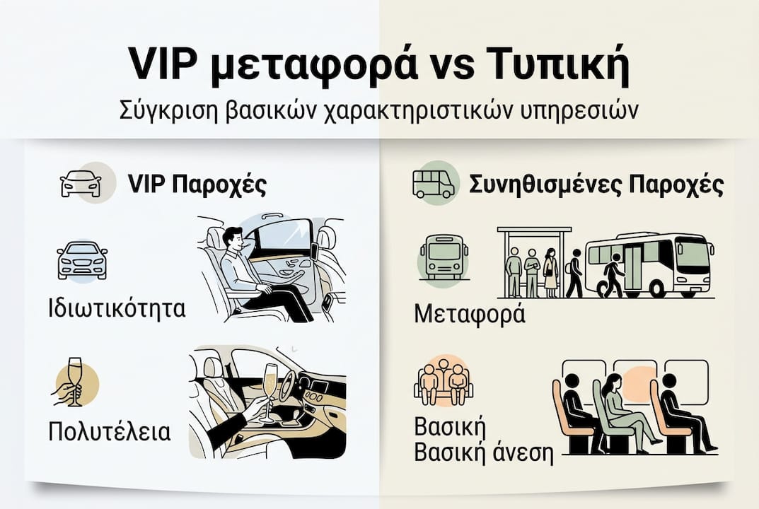 Διαδραστική παρουσίαση με συγκριτικά στοιχεία ανάμεσα σε VIP και απλή μεταφορά.
