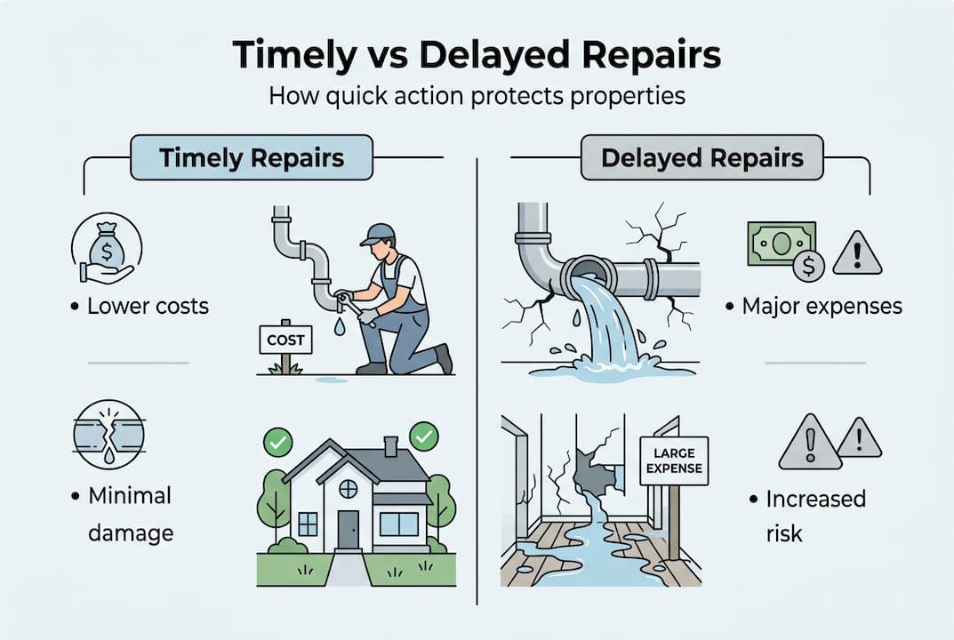 Infographic comparing timely and delayed drain repairs
