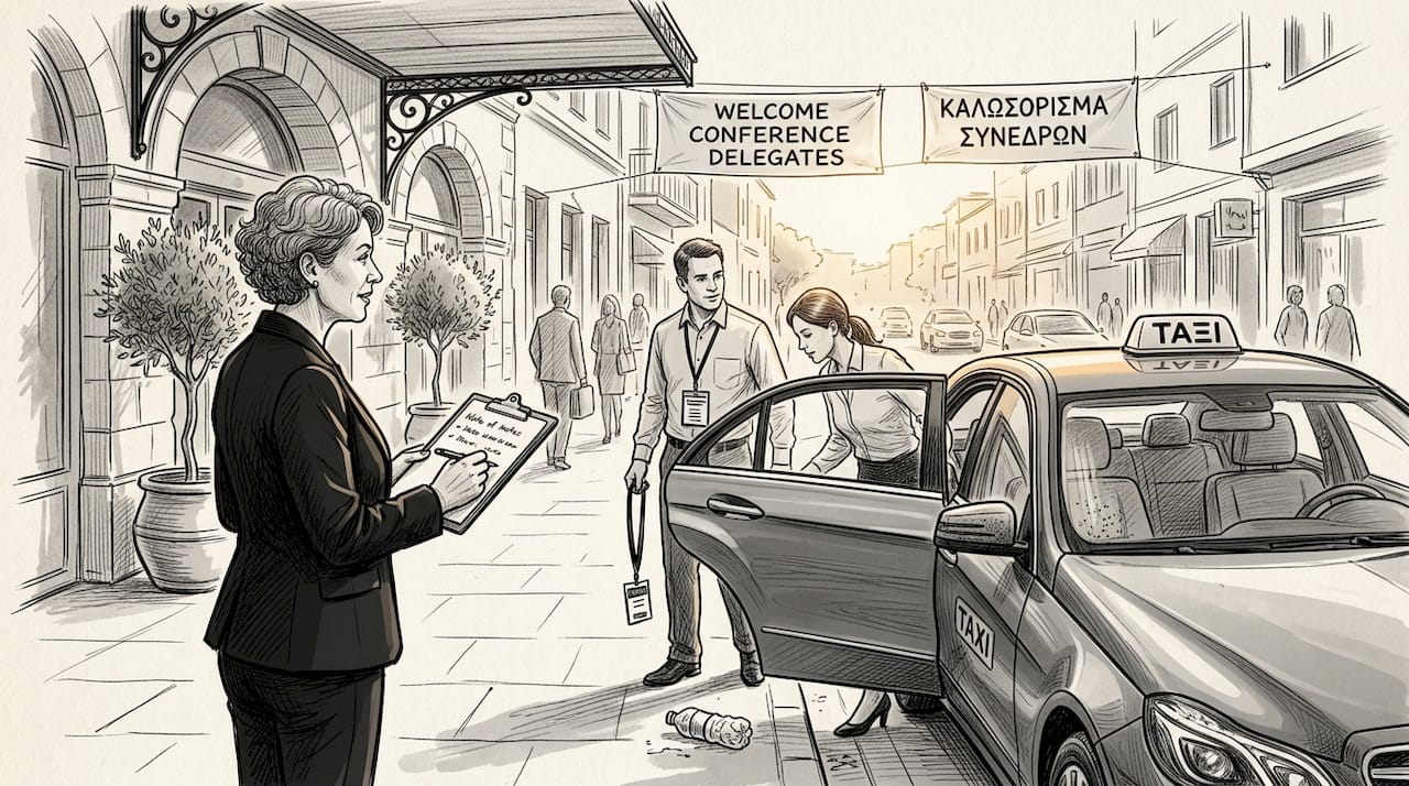 Corporate event staff boarding taxi shuttle at hotel