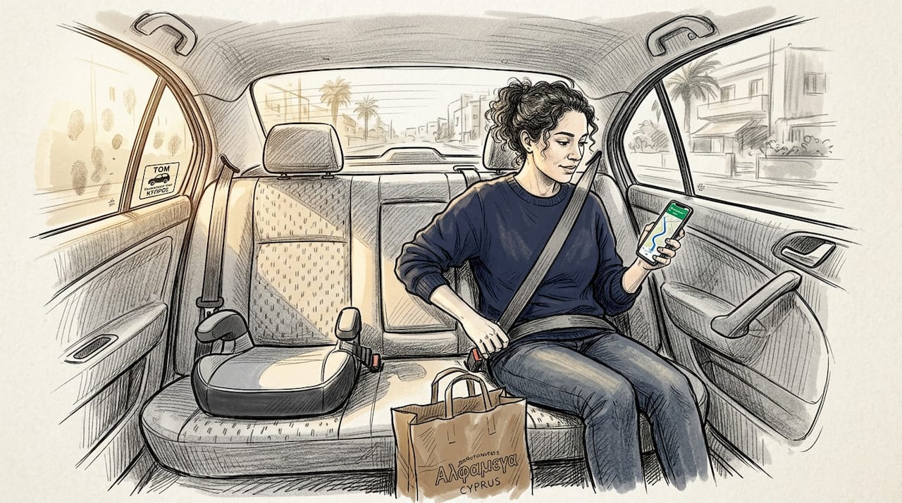 Passenger doing seatbelt check in Cyprus taxi