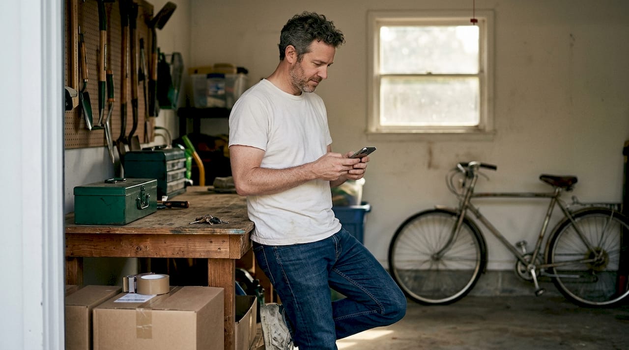 Ένας άντρας εξετάζει και συγκρίνει διάφορες επιλογές για ενοικίαση αποθηκευτικού χώρου σε γκαράζ, προσπαθώντας να βρει την καλύτερη λύση για τις ανάγκες του.