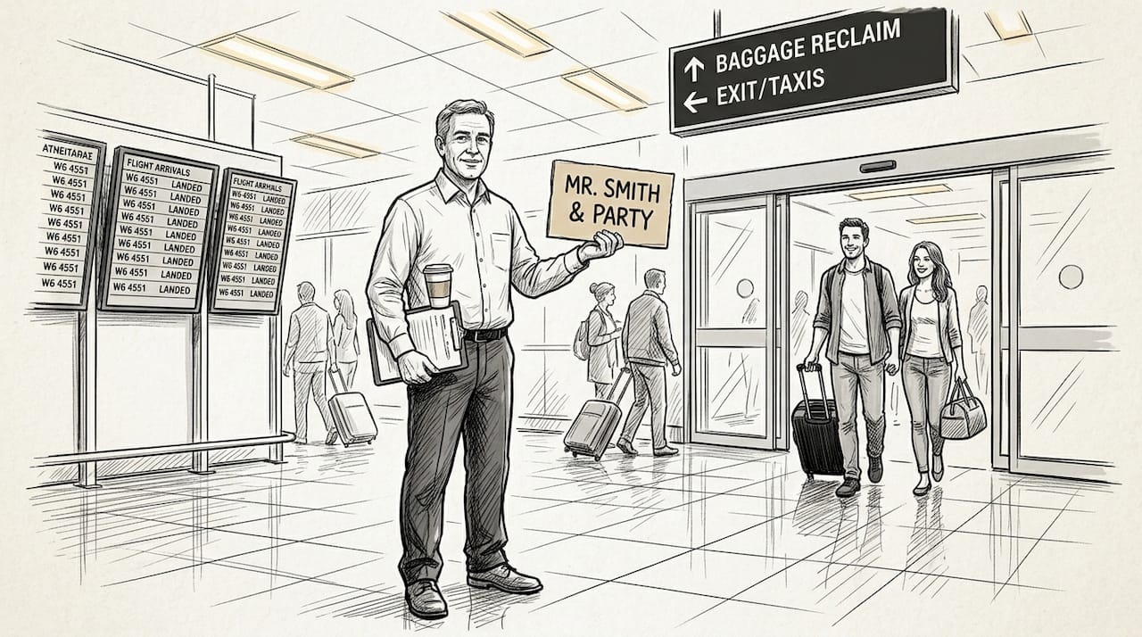 Taxi driver welcoming guests at airport