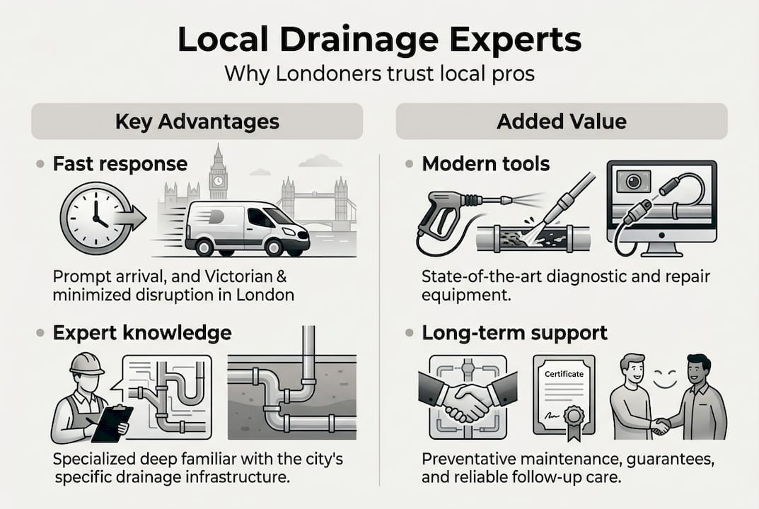 Infographic showing benefits of local drainage experts