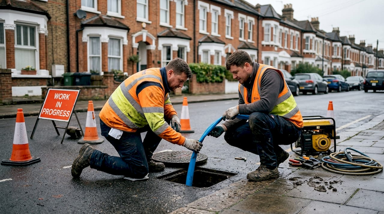 Engineers performing trenchless drain repair on street