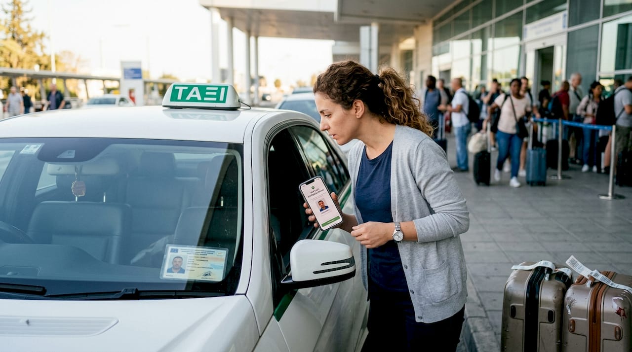 Μια γυναίκα εξετάζει την ταυτότητα του οδηγού ταξί πριν επιβιβαστεί.