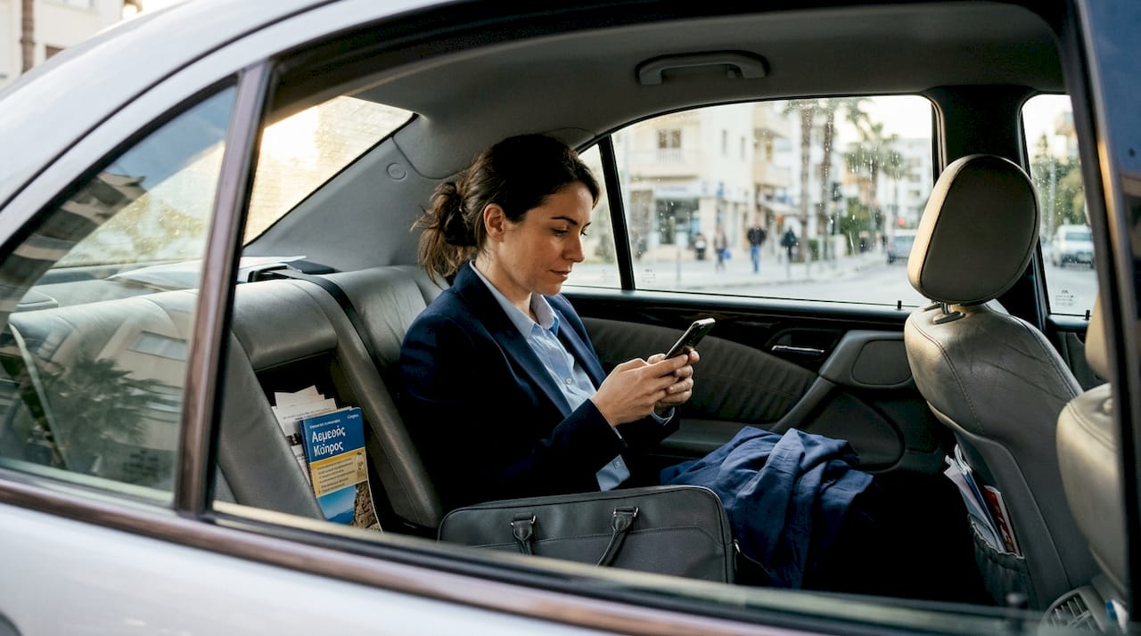 Επιχειρηματίας γυναίκα παρακολουθεί το κινητό της ενώ βρίσκεται στο αυτοκίνητο, κατά τη διάρκεια της μετακίνησής της.