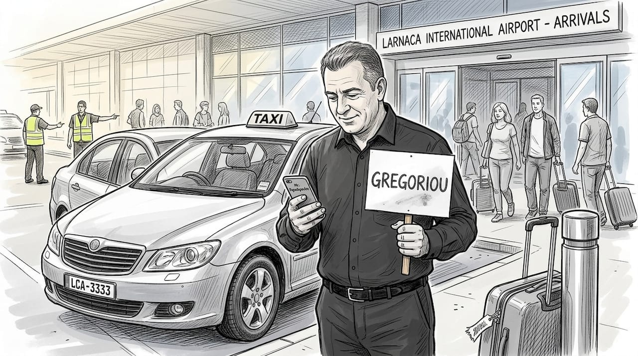 Taxi driver waiting with sign at Larnaca airport