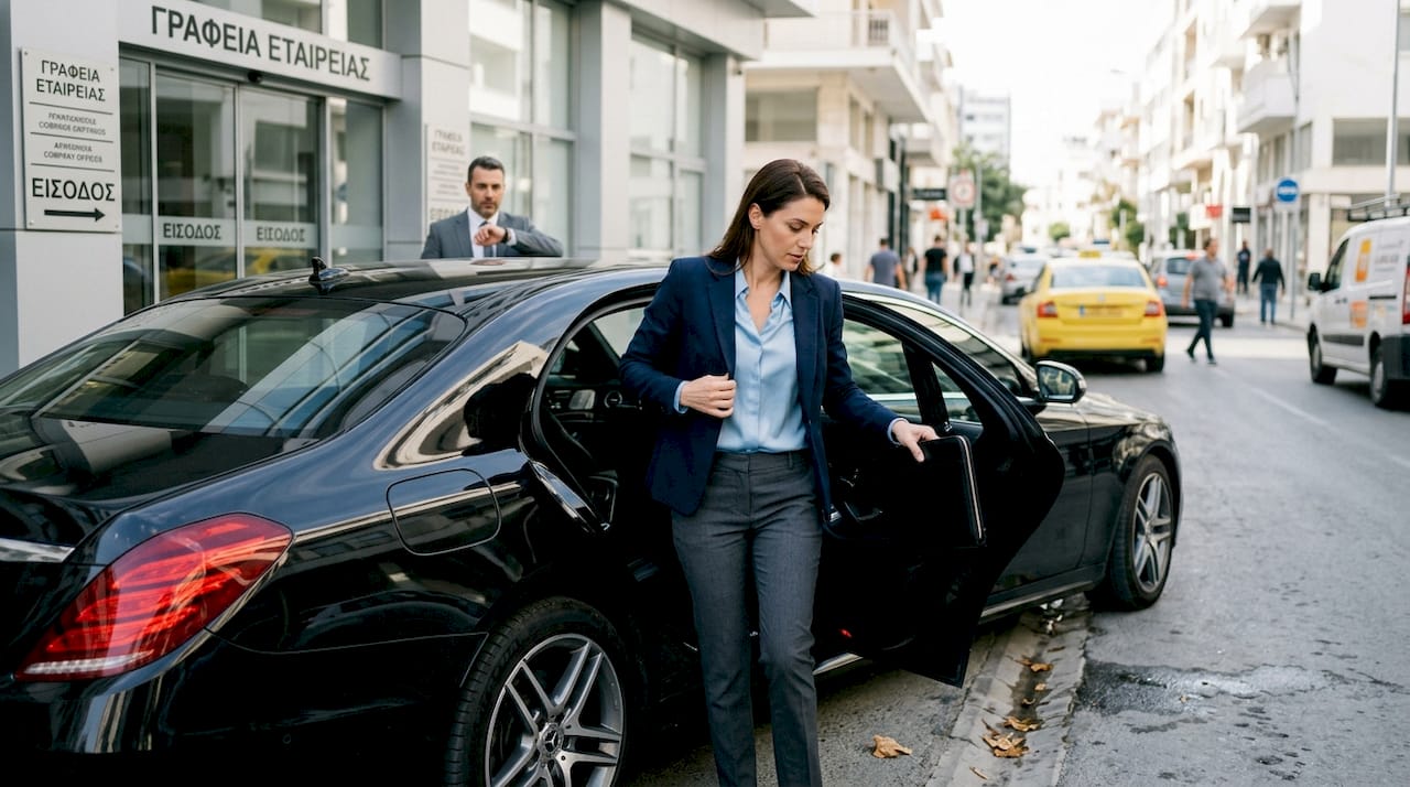 Ο επαγγελματίας καταφτάνει στο ραντεβού με τον πελάτη οδηγώντας ένα πολυτελές αυτοκίνητο.